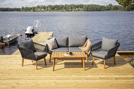 SALON DE JARDIN NOIR ET BOIS BANQUETTE ET FAUTEUIL